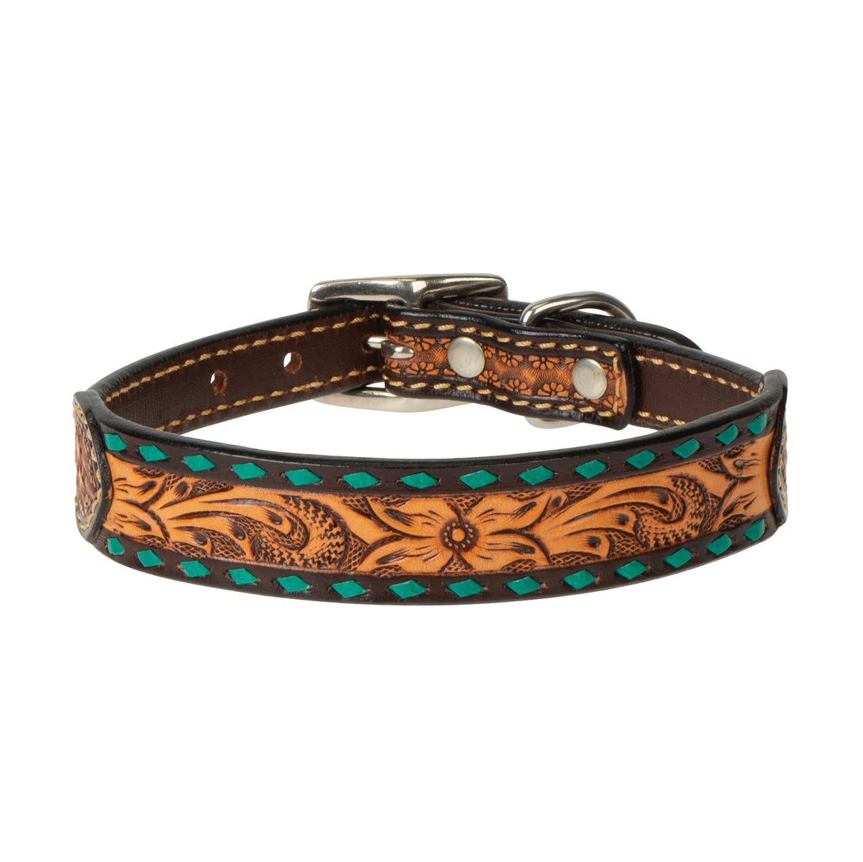 Turquoise Cross Floral Buckstitch Dog Collar