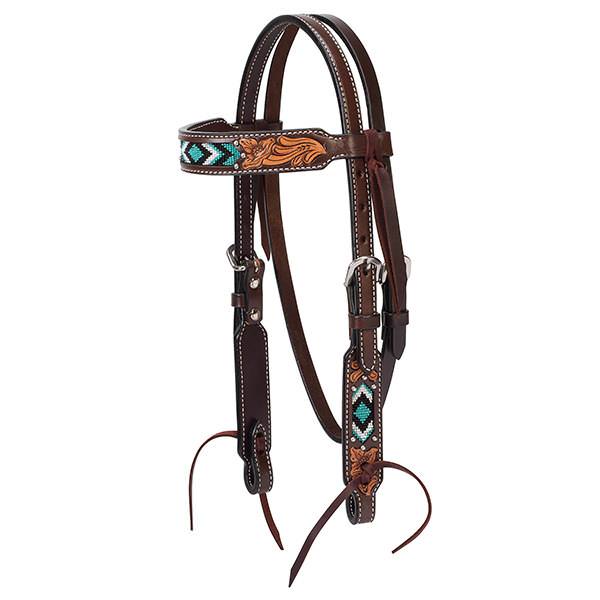 Perfect Gift Pack! Western Horse Or Pony (No fringe) Size Trail Barrel Headstall authentic Beaded Accents Cross TEAL accents- Tan leather Super Cute!